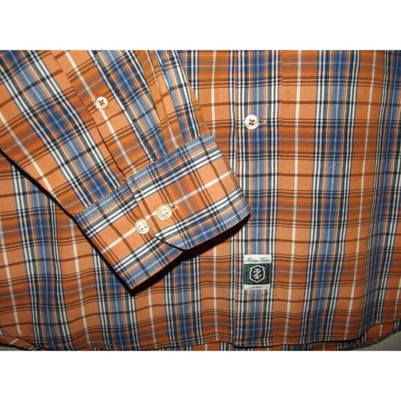 IZOD Shirt Mens XL Orange White Blue Plaid Button-Down Collar Heritage Tartan - Picture 7 of 12